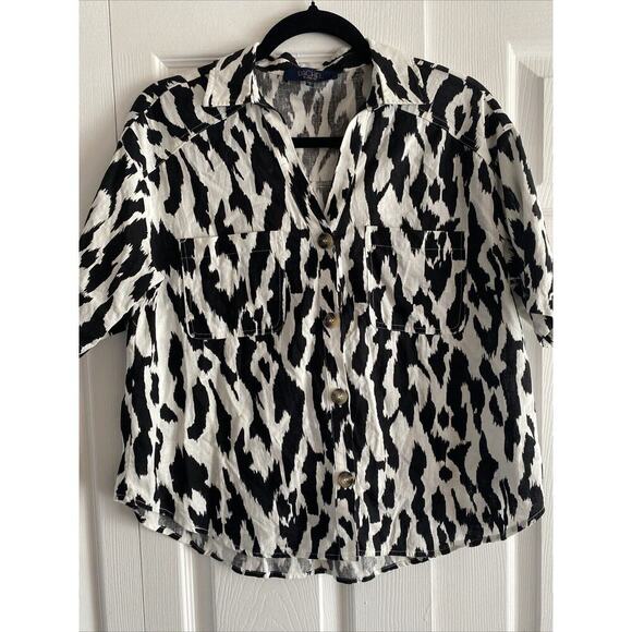 Rachel Roy Women's Black White Casual Short Sleeve Medium Linen Blend Top - Picture 1 of 7